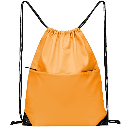 Drawstring Backpack Sports Water Resistant String Bag Sport Gym Sackpack for Women Men Large with Zipper, Orange - color: Orange