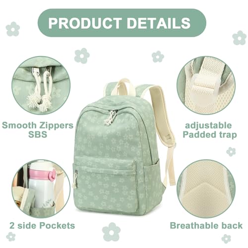 LEDAOU School Backpack for Teen Girls Elementary Middle School Bookbag Kids Backpacks Women Laptop Backpack Travel Daypack - color: Little Flower Green