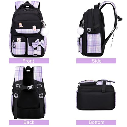 ACESAK Girls Backpack - 3PCS Backpack for Girls Cute School Backpacks for Kindergarten Elementary Preschool Middle Kids School Bags with Lunch Box Pencil Case Set (Black Purple) - color: Black-purple