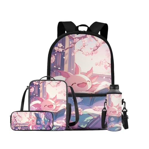 Cute Axolotl Backpack for Girls Kids Backpack with Lunch Box Water Bottle Holder with Strap and Large Pencil Case 4Pcs Set Bookbag with Front Pocket for School 17" Sturdy Elementary School Bag - color: Axolotl-2
