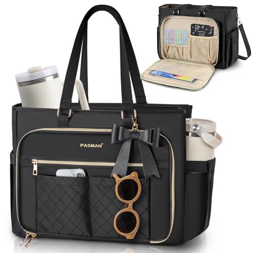 Teacher Tote Bag for Women,Multi-Pocket Laptop & Nurse Work Bag with Cup Holder,Structured Business Briefcase Computer Purse - color: Black, size: 15.6 inches