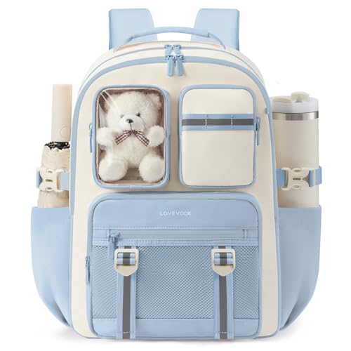 LOVEVOOK Cute School Backpack for Girls Ages 8-14, Bookbag with Plush Bear & Clear Display Pocket, Fits 15.6 Inch Laptop & 40oz Tumbler, Back to School Backpack for Elementary & Middle School - color: Blue / Off-white, size: 15.6 Inch