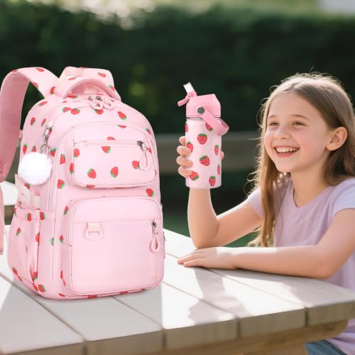 Bevalsa Backpack for Girls, School Bookbag Teen Girls Backpack Set with 14oz Insulated Water Bottle Stainless Steel, Lunch Bag & Pencial Case for Kids Elementary Middle Student (Pink Strawberry) - color: Pink Strawberry