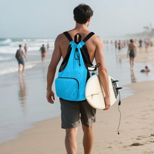 Yuiboo Deep Sky Blue Drawstring Backpack Sports Bag with Water Bottle Holder Cinch Bags Waterproof