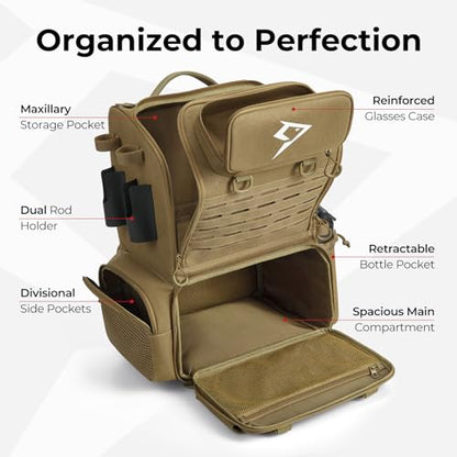Piscifun 52L Fishing Tackle Backpack with Rod Holders & 4 Tackle Boxes, Large Tackle Bag for Gear Storage with Rain Cover - color: Khaki