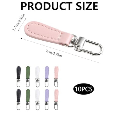 10 Pcs Leather Zipper Pulls Replacement - Detachable Zipper Tab Fixer & Extender for Backpacks, Jackets, Luggage, Purses & Boots - No Tools Needed (Black, White, Green, Pink, Purple)