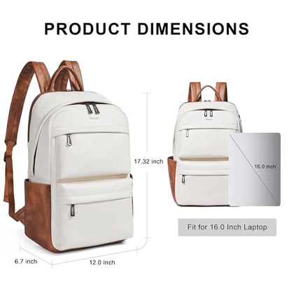 Vegan Leather Backpack for Women and Men, Fits 16.0 Inch Laptop, Multi-Pocket Design with Water Bottle and Luggage Strap, Ideal for Work, Travel, and Daily Use, Beige - color: 3-1 Beige