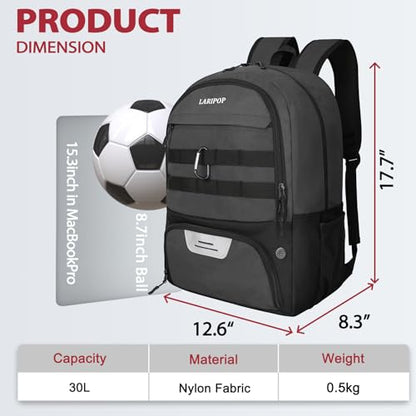 LARIPOP Soccer Backpack with Ball Holder & Shoe Compartment Large Capacity Sports Bag for Training - color: Dark Grey