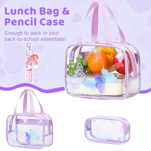 ACESAK Clear Backpack for Girls - 3 Pcs Clear Backpack Heavy Duty with Lunch Bag - See Through Bookbag Stadium Approved for Kids Middle High College School(Purple Butterfly) - color: Purple Butterfly