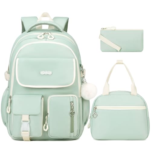 DIGOBAY Backpacks for Girls, 3PCS School Backpack with Lunch Box Pencil Pouch for Teen Girls Kids Elementary Primary Middle High College Travel School bag Bookbag Set （Green） - color: Green