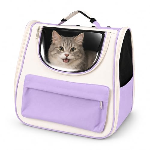 Cat Backpack Carrier, Foldable Pet Carrier Backpack for Cats and Small Dogs, Built-in Safety Clip, Dual-Sided Ventilation Mesh, for Travel, Walking, Hiking & Vet Visits, Purple