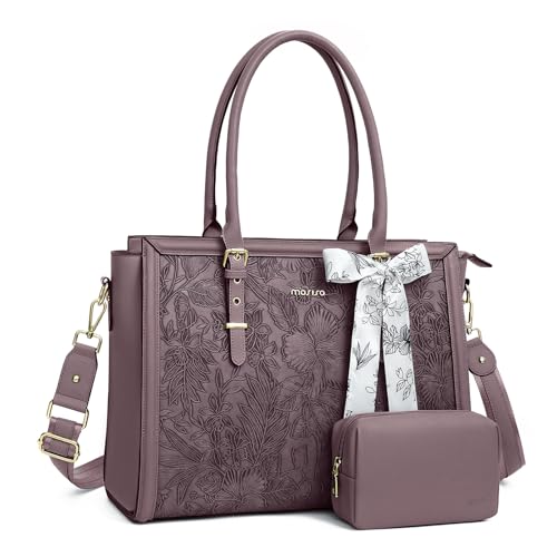 MOSISO Laptop Bag for Women, 17-17.3 inch PU Leather Tote Bag Compatible with MacBook, HP, Dell, Asus Notebook, Front Embossed Retro Hibiscus Computer Bags with Silk Scarf&Clutch Purse, Slate Purple - color: Slate Purple, size: 17.3 inch