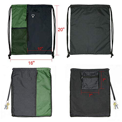 BeeGreen Green Drawstring Bag Sports Gym Backpack for Women Men Large Cinch Sackpack Day Pack with Zipper and Water Bottle Mesh Pockets (Black/Green) - color: Black/Green, style: Drawstring With Mesh Pocket