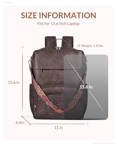 SYTRAH Leather Laptop Backpack, 15.6 Inch Business Computer Bag, Designer College Backpack Travel Backpack with Colorful Shoulder Bag Strap Dark Coffee - color: Dark Coffee