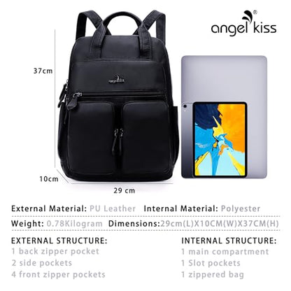 Angel Kiss Backpack Purse for Women Soft Washed Leather Multi Pocket Casual Travel Backpacks… - color: Black