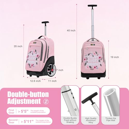 NEW TILAMI Rolling Backpack 19 inch with Lunch Bag Teens Cute Wheeled Computer Laptop Backpack Bookbag Roller Travel Bag College, Flower Pink - color: Flower Pink