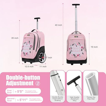 NEW TILAMI Rolling Backpack 19 inch with Lunch Bag Teens Cute Wheeled Computer Laptop Backpack Bookbag Roller Travel Bag College, Flower Pink - color: Flower Pink