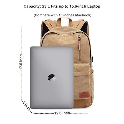Canvas Laptop Backpack, Waterproof School Backpack With USB Charging College - color: Brown