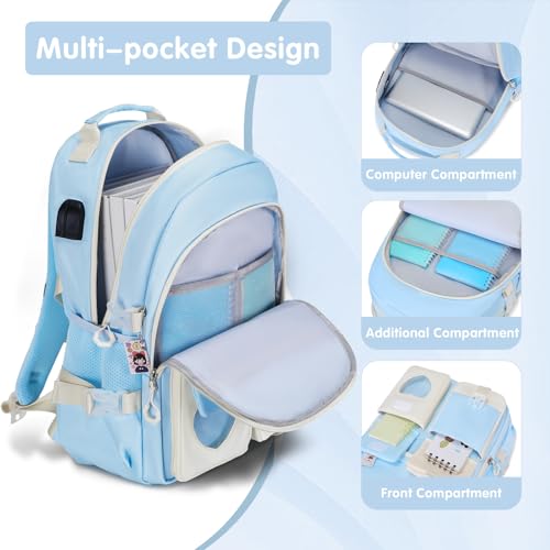 ACESAK Backpack for Girls - Bookbag Backpacks Schoolbag for Girls Kids Teen Women Casual Travel Daypacks - School Bag Elementary Middle School College Cute Backpack with Lunch Box (Blue White) - color: Blue White