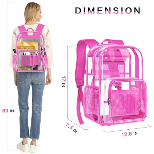 Clear Backpack Heavy Duty Large Transparent Backpack with Reinforced Bottom Multi-pockets for College, Travel, Workplace Security - Pink - color: Pink