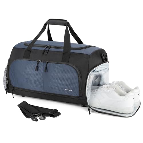 Boarding Blue Gym Bag for Women & Men-20 Inches Lightweight Duffel Bag with Wet Pocket Shoe Compartment Including Water Resistant Pouch (Navy) - color: Navy