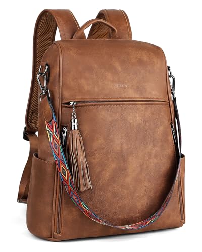 FADEON Leather Laptop Backpack for Women Designer 15.6 inch PU Laptop Bag, Ladies Travel Computer Work Backpack Brown - color: 1 Brown Retro Style