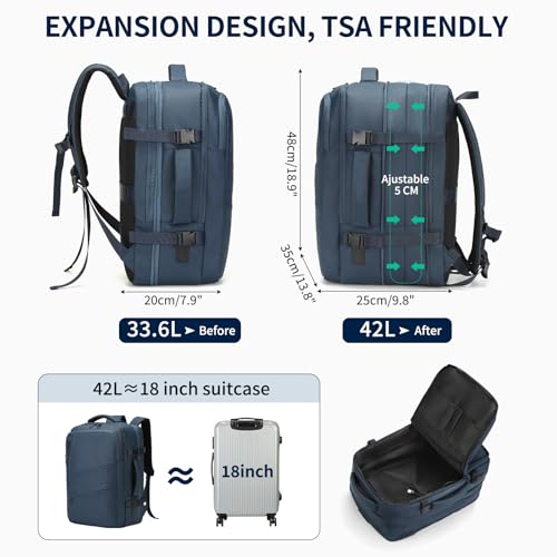 Travel Backpack for Men, 18 Inch Carry on Laptop Backpack with USB A/C Port, 40L Expandable TSA Flight Approved Bag Pack, Black, Blue - color: Blue