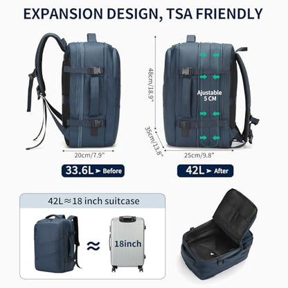 Travel Backpack for Men, 18 Inch Carry on Laptop Backpack with USB A/C Port, 40L Expandable TSA Flight Approved Bag Pack, Black, Blue - color: Blue