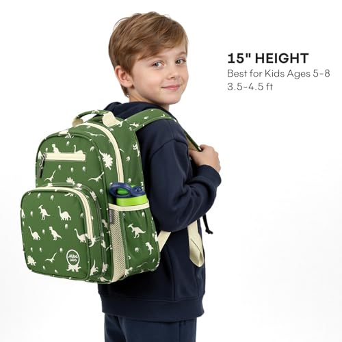 mibasies Kids Backpack for Boys 5-8: Water-Resistant School Bookbag for Kindergarten and Elementary - Dinosaur Green - color: Dinosaur Green, style: Kids-15"h