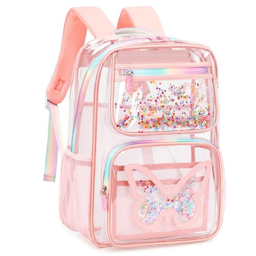 Clear Backpack for School,Large Bookbag Heavy Duty See Through Butterfly Backpacks for Girls Stadium Approved Daypack Transparent Shoulder Bags for Students,Teens,Women,Work,Travel,Concert Pink - color: Pink