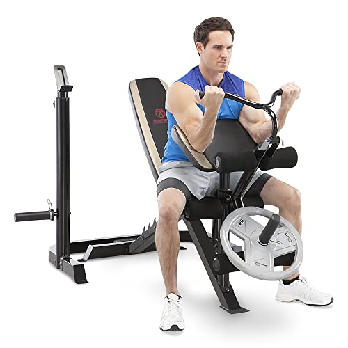 Marcy Olympic Workout Bench for Home Gym Strength Training Equipment with Preacher Curl Pad and Weight Rack Storage, White/Black - style: Two-piece
