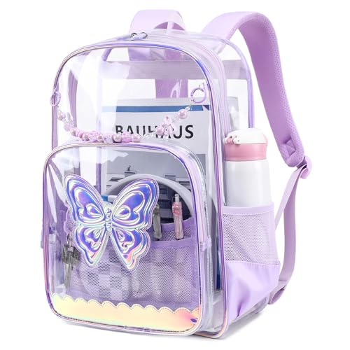 MUSEVOS Clear Backpack for School, Clear Bookbag for Girls PVC Heavy Duty Transparent Backpack, Purple Butterfly - color: Purple