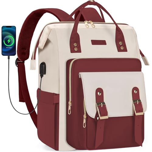 ANILD Travel Laptop Backpack for Women Bag, 15.6 Inch Work Backpack with USB Charging and Port Luggage Strap, Airline Approved Business Work Bag for Nurse College Teacher - color: Beige-red