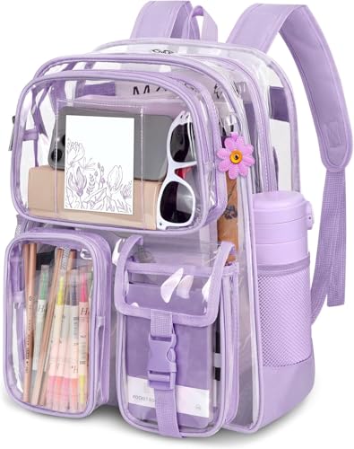 Clear Backpack for School, Heavy Duty PVC Transparent Bookbag with Reinforced Straps Stitches, Clear Bag for Stadium Events Girls Boys, Large Capacity Backpack for Security College Work - Purple - color: Purple, size: 17*12*5