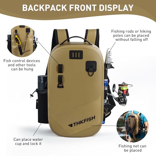 THKFISH IPX8 Waterproof Fishing Backpack with Rod Holder, Lightweight Fishing Sling Bag, Move Freely Fish Gifts for Men - color: Brown