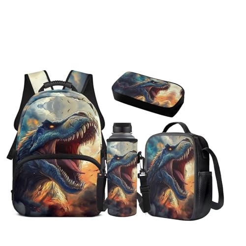 JEOCODY T-Rex Backpack Kids School Bag with Lunch Bag Pencil Case Water Bottle Holder Set of 4 Cool Dinosaur Bookbag for Boys Girls Lightweight Casual Daypack for Travel Hiking - color: Cool T-rex Printed