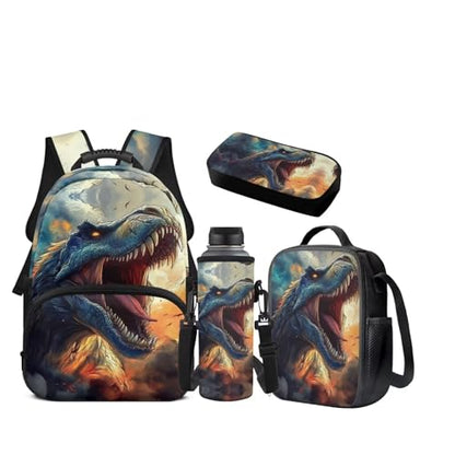 JEOCODY T-Rex Backpack Kids School Bag with Lunch Bag Pencil Case Water Bottle Holder Set of 4 Cool Dinosaur Bookbag for Boys Girls Lightweight Casual Daypack for Travel Hiking - color: Cool T-rex Printed