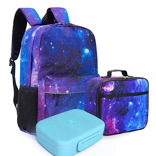 Fenrici Galaxy Backpack with Lunch Box & Bento Box Matching Set, Laptop Backpack, Insulated Lunch Bag for Girls, Boys, Bento Box with 5 Compartments, Purple Galaxy, Pastel Blue - color: Purple Galaxy