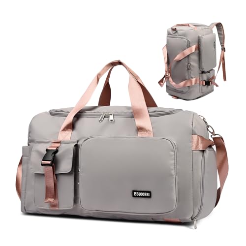 Eslcorri Gym Duffle Bag for Women Men, Sports Backpack with Wet & Shoe Compartment, Fitness Overnight Weekender Bag for Yoga, Swim, Travel (Style B, GrayPink) - color: 42L-GrayPink, style: Style B