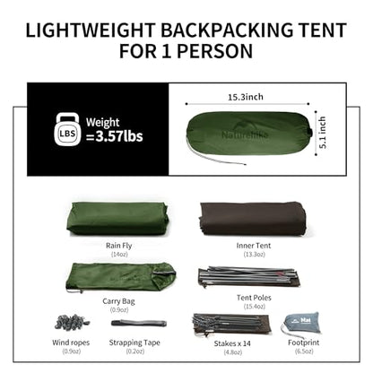 Naturehike Cloud Up 1 Person Tent, Lightweight Backpacking Tents for One Man, Waterproof Ultralight One Person Tent for Camping Hiking Backpacking - color: Forest Green