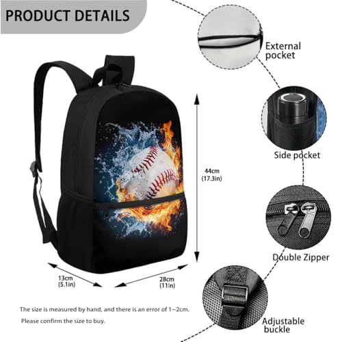 ZOUTAIRONG Flaming Water Baseball Design Casual Backpack for School and Small Thermos School Bags for Girls 7-10/10-12/12-16, Casual Book Bag with 2 Side Pockets - color: Flaming Water Baseball Design