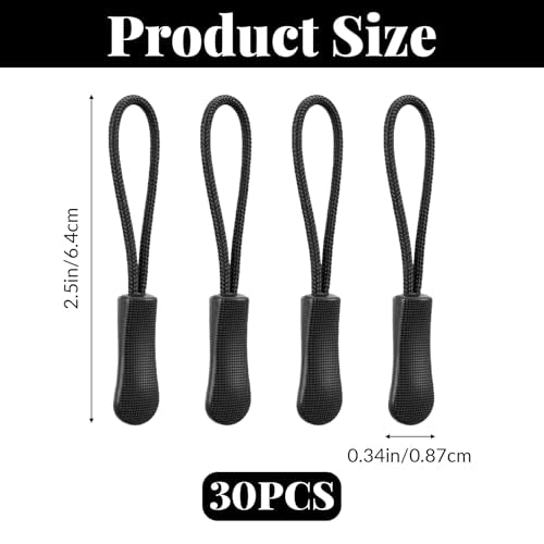Dplolng 30 Pcs Zipper Pull Replacement,Zippers Pulls Cord Ends Replacement Universal Zipper Extender for Jackets,Backpacks,Pants,Coats, Luggage,Golf Bag,Purses(Black)