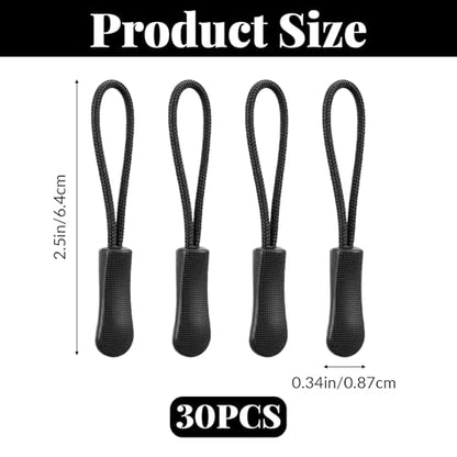 Dplolng 30 Pcs Zipper Pull Replacement,Zippers Pulls Cord Ends Replacement Universal Zipper Extender for Jackets,Backpacks,Pants,Coats, Luggage,Golf Bag,Purses(Black)