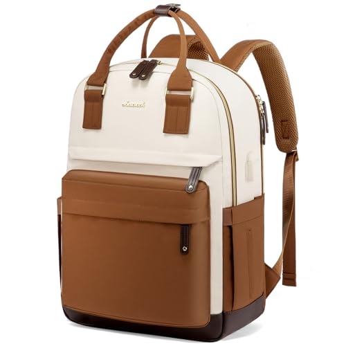 LOVEVOOK Travel Laptop Backpack Women, 15.6 Inch Anti-theft Laptop Bag with USB Port, Fashion Waterproof Computer Backpacks Teacher Nurse Backpack Purse for College Work - color: Beige-brown, size: 15.6 Inch