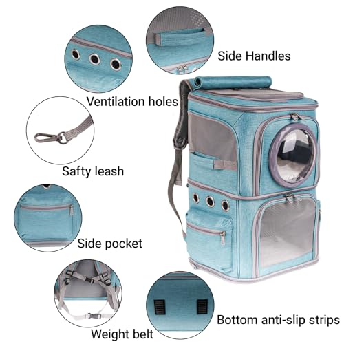2-in-1 Pet Carrier Backpack for Two Cats or One Dog, Green Double-Layer 2 Compartment Carry Bag to Transport Small Animals Traveling and Hiking, Space Capsule Clear Bubble Dome - color: Green