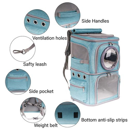 2-in-1 Pet Carrier Backpack for Two Cats or One Dog, Green Double-Layer 2 Compartment Carry Bag to Transport Small Animals Traveling and Hiking, Space Capsule Clear Bubble Dome - color: Green