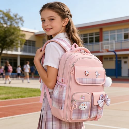 NSEQB Girls Backpack,Kids School Backpack With Lunch Box Pencil Case Set,Cute Childrens Schoolbag For Girls - color: Pink-2PCS