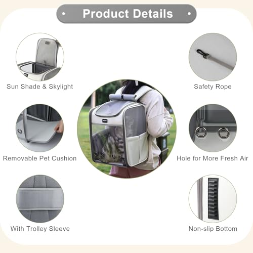Cat Carrier Backpack, Large Pet Carrier Backpack, Cat Travel Backpack with Breathable Mesh, Cats Backpack Carrier for Small Dog Kitten Cats Carrying Bag, Pet Backpack for Hiking, Light Gray