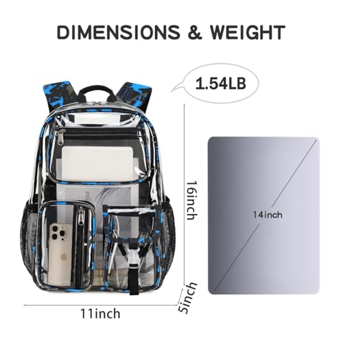 Cusangel Clear School Backpack,Heavy Duty Clear Backpack,16.5 x12 x5inch TPU Large Capacity See Through bookbag for Sport Events,Travel (Blue) - color: Blue