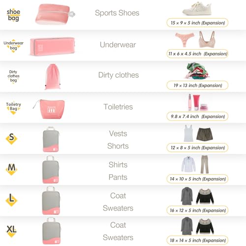 Compression Packing Cubes 8 Set, Dual Zipper Compression Packing Cubes for Travel, See-Through Mesh Packing Bags for Suitcases, Compression Travel Cubes with Shoe Bag (Pink) - color: 8 Set Pink